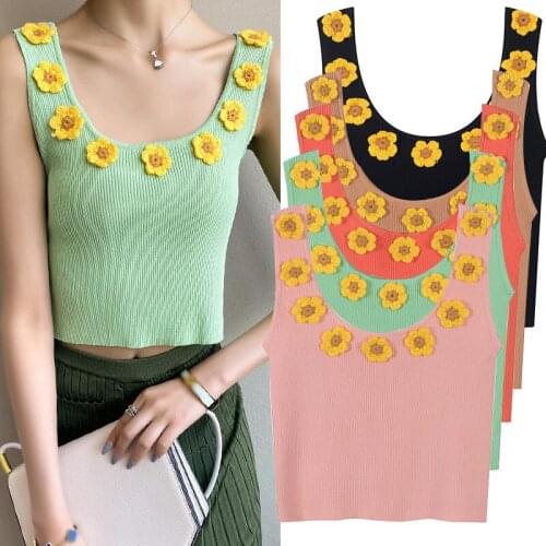 2020 Summer New Females Sleeveless Knitted Crop top Fashion girls sweet Flower Crochet Candy Color knitting Tank top JC469