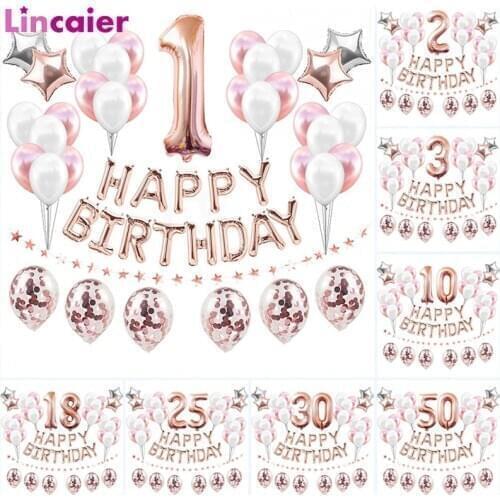 37pcs Rose Gold Number 1 2 3 4 5 6 7 8 9 10 16 18 21 25 30 40 50 60 Balloons 1st Birthday Party Decorations Kids Boy Girl Adult