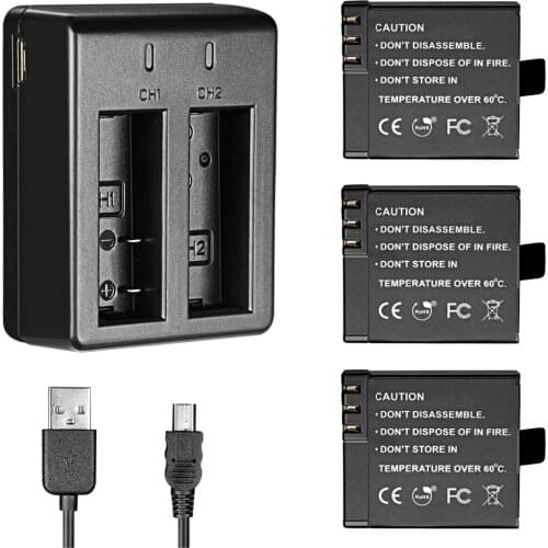 Neewer 900mAh Rechargeable Action Camera Battery (3 Pieces) with USB Dual Charger for AKASO Lightdow Vtin Cymas DBPOWER APEMAN