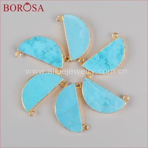 BOROSA 10pcs Gold Color Half Moon Blue Howlite Stone Connector Natural Stone Jewelry Pendant for Necklace Making G0382