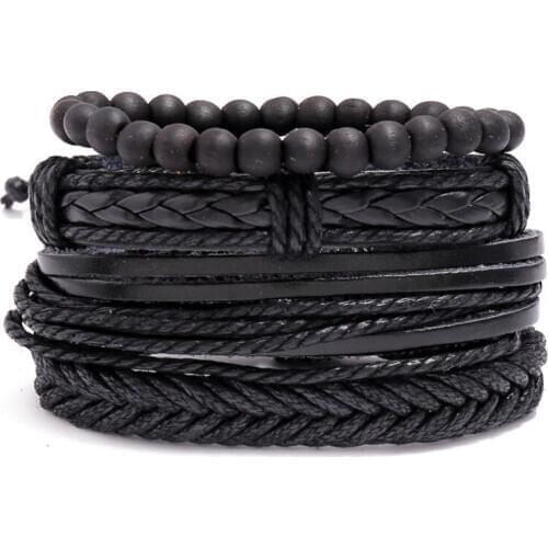 Punk Fashion Men Black Bracelet Set Multilayer Braided Leather Beads Charm Bangle Wrap Wax Cord Wristbands Women Vintage Jewelry