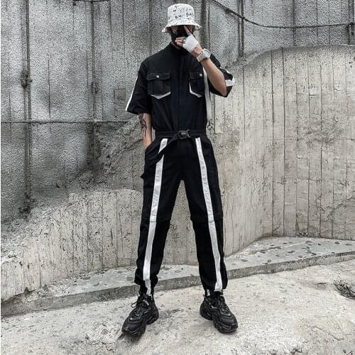 Mens Vintage Mens Short Sleeve Long Overalls Casual Pants Black Yellow Loose Cargo Pant D34