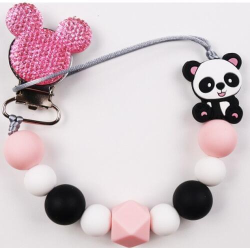 Baby Boy Girl Panda Pacifier Holder Molar Chain Bling Bling Infant Pacifier Clip Food Grade Chew Silicone Beads Baby Shower Gift