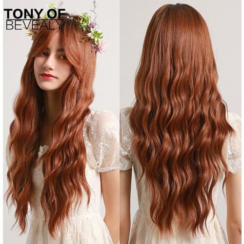 Long Water Wave Ombre Red Brown Synthetic Wigs With Bangs for Afro Women Daily Cosplay Natural Hair Wigs Heat Resistant Fiber