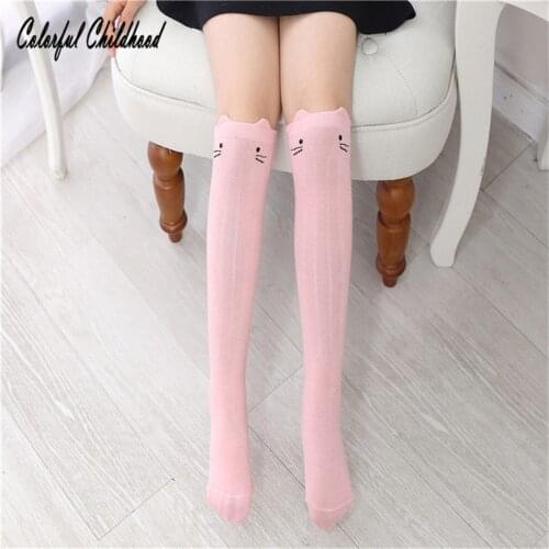 Baby Girls Scoks Pure Cotton Cartoon Cat Pattern Printed Knee-high Socks Big Kid Girls Leg Warmer Socks Kid 's Stocking 3-12 Yrs