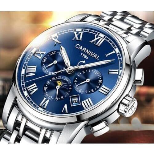 Carnival Mens Automatic Mechanical Watch Day Date Month 24hours Multifunction Business Watch Full Steel Luxury Watch Gift