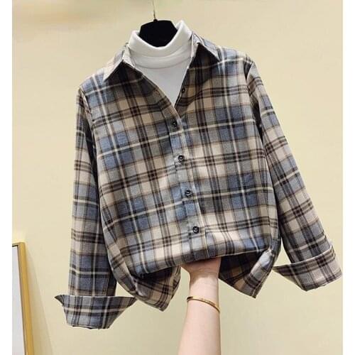 Plaid Women Shirts Turn-Down Collar Long-Sleeved Loose Casual All Match Plaid Female Outwear Coats Tops