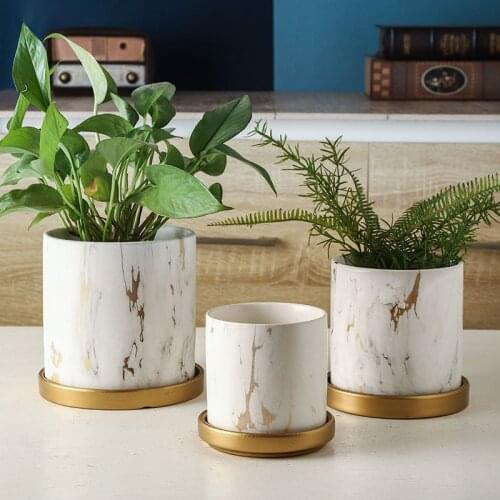 Creative Standard Marble Ceramic Cylindrical Gold Flowerpot Succulents Personalized Vase With Home Decoration Tray