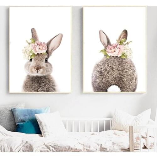 Rabbit Bunny Tail Flower Animal Nordic Wall Art Canvas Painting Nursery Posters And Prints Wall Pictures Baby Kids Room Décor