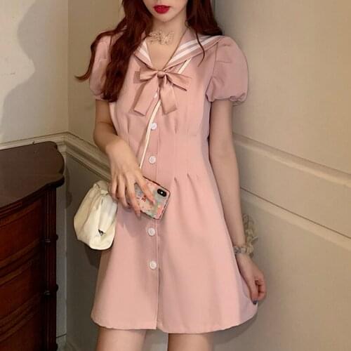 Summer Japanese Kawaii Pink Slim Dress Female Vintage Sweet Cute Bow Tied Short Sleeve Dress Solid Holiday Fairy Dress for Women