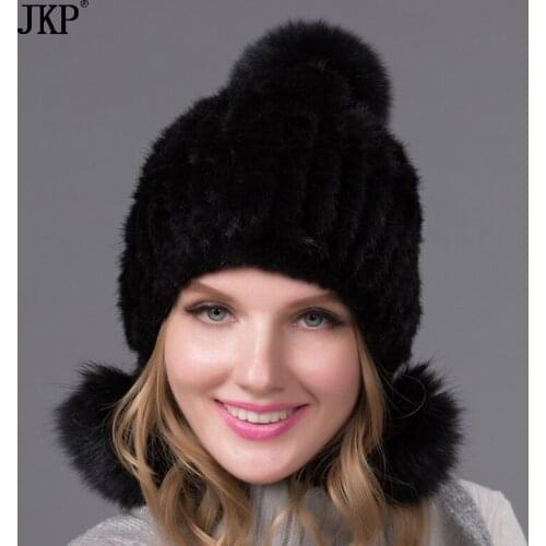 Real mink fur hat with fox fur pom poms winter autumn ear protector cap Knitted natural fur beanies good quality bomber hat BZ08