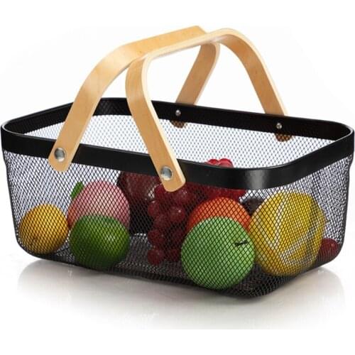Nordic Style Metal Mesh Fruit Basket Bin with Double Wooden Handle Kitchen Wrought Iron Rectangle Storage Organizer