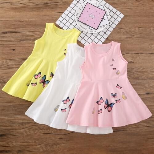 Fashion 2-6 Years Children Girls Dress Clothes Cotton Summer Girls Butterfly Print Yellow Dress Kids Girls A-Line Princess Dress