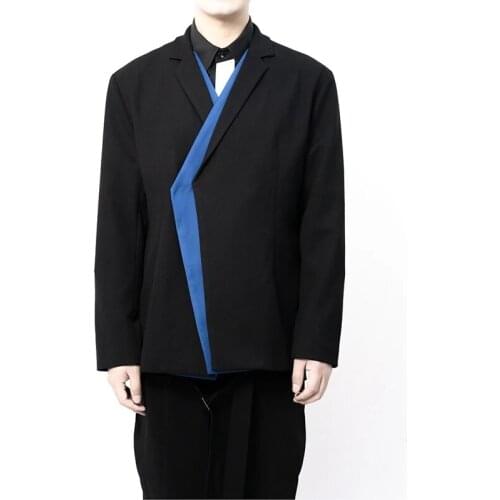 Mens coat casual suit original simple blue suture double row loose large coat trendy man