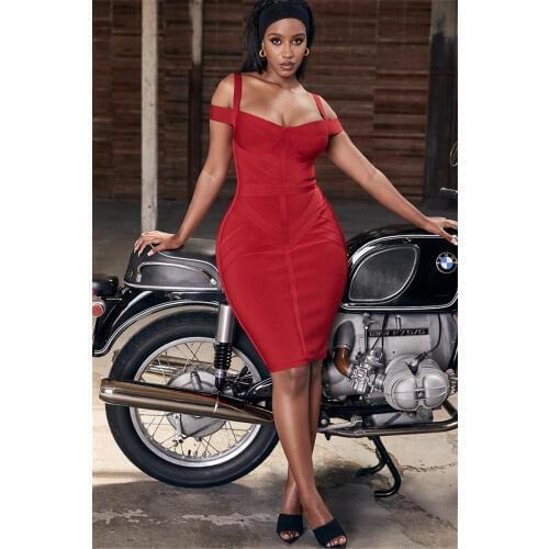 New Arrival Black Red Strap Knee Length Bodycon Elegant Women Bandage Dress Chic Night Club Party Dress