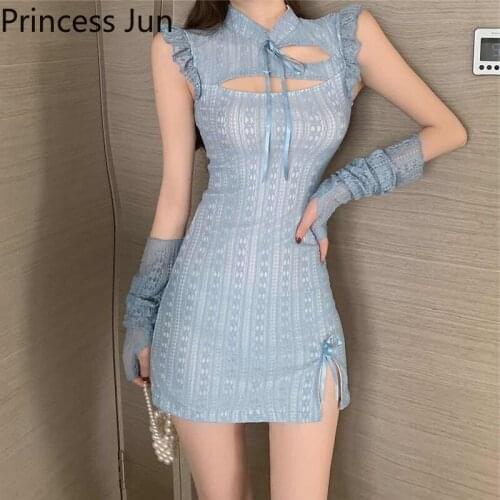 Women New Summer Blue Black Mini Sexy Dress Stand Collar Oversleeve Lace Slim Dress Sleeve Sheath Pencil Nightclub Party Dress