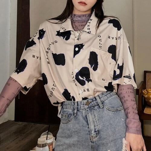 QWEEK Animal Print Cardigan for Women Harajuku Button Up Shirt Korean 2021 Fashion Vintage Short Sleeve Blouse Female Top Casual