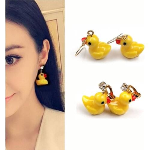 634D Super Cute Mini Yellow Duck Drop Dangle Earrings No Piercing Small Duck Animals Clip On Earrings For Kid Fashion Jewelry
