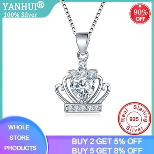 YANHUI Top Quality Fashion Crown Pendant Necklace for Women Retro Vintage Romantic Heart Cubic Zircon Silver 925 Jewelry ZN026