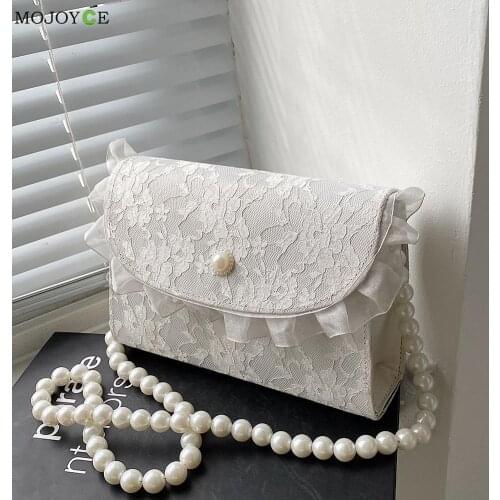 Fashion Women Lace PU Patchwork Flower Embroidery Shoulder Crossbody Messenger Bag Casual Ladies Pearl Chain Ruffle