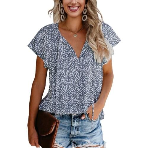 2021 Summer New Style Comfortable and Versatile Daily Casual Printing Lotus Leaf Sleeve V-neck Floral Blouse Women Shirts Femme