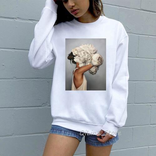 Vintage Sexy Flower Feather Print Women Sweatshirt Aesthetic Clothes Autumn Winter Hoody Ladies DIY Custom Oversized Hoodie