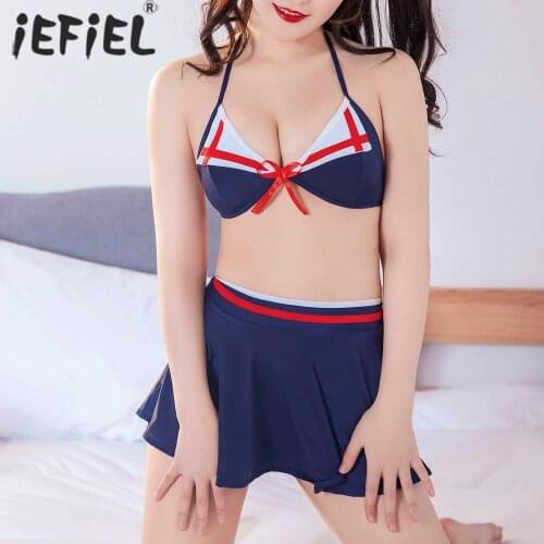 Women Sissy Sexy Lingerie Set Bikini Suit Halter Lace-up Bra Crop Top with Mini Skirt G-string Underwear Exotic Sets Nightwear