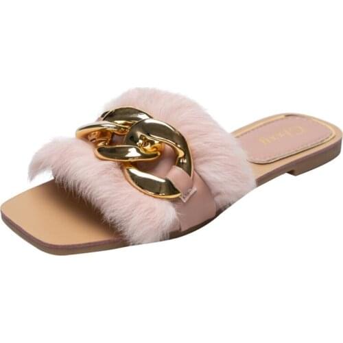 Metal Chain WomenS Sandals One Word Outer Wear Slippers Fashion Rabbit Fur WomenS Slippers Furry Soft Slippers Home Shoes