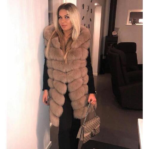 2020 New Real Fox fur Women Long Vest Hood Leather Fashion Luxury Thick Warm Coat Jacket Solid Color Fur Vests Women Coat Hooded