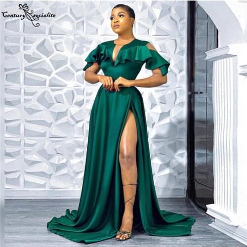 Dark Green Prom Dresses Long 2021 with Slit Ruffles Satin African Formal Evening Dress Reception Gowns Vestido De Fiesta