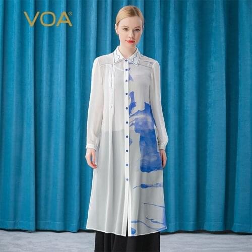VOA 12m/m Silk Blue Blooming Lapel Wild Arch Needle Embroidery Office Lady Long Coat WE79 Jackets for Women Spring