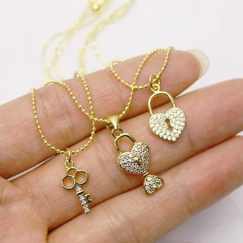10 Strand Zirconia Lock&key charms necklace jewelry accessories Slim chain necklace for women New design 8219