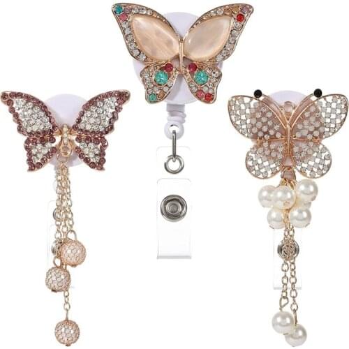 3 Pieces Butterfly Badge Reels Retractable Rhinestone Name Tag Badge Holders with 360 Degree Swivel Alligator Clip