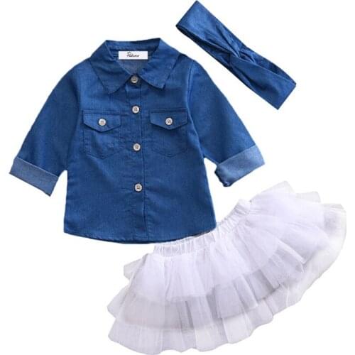 2020 Autumn Summer Newborn Kids Baby Girl Denim Shirt Tops+Lace Tutu Skirt+Headband Outfits 3PCS Clothes Set 0-5Y