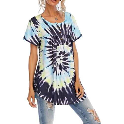 5XL Plus Size Tunic Blouses Women Summer Tie-Dye Printed Shirts Casual Short Sleeve O-Neck Loose Top blusas mujer блузка женская