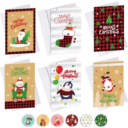 6pcs Set Christmas Thank you Cards with Envelope Stickers Half Fold Santa Claus Gift Invitation Cards For Xmas
