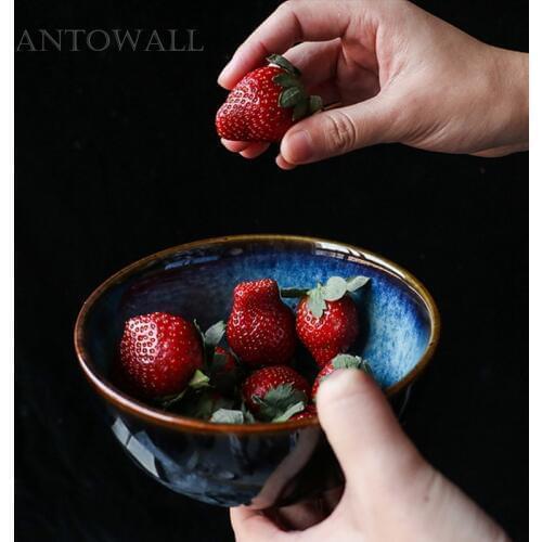 ANTOWALL Kiln-Glazed Ceramic Blue Color Noodle Salad Bowl Household Rice Dessert Bowl Retro Restaurant Special Dinnerware Bowl
