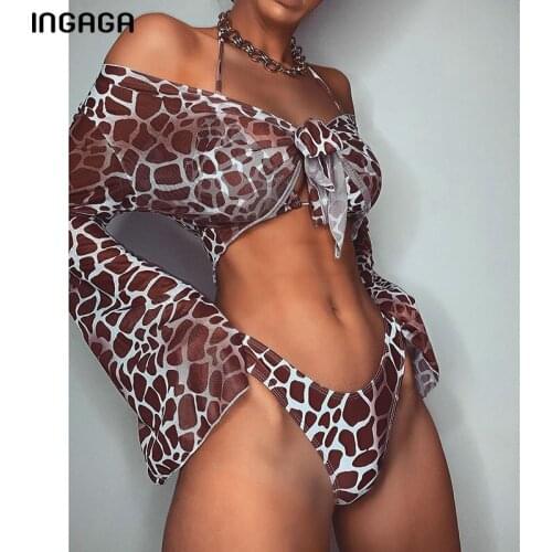 INGAGA Three Piece Swimsuit 2021 Halter Bikinis Long sleeve Swimwear Women Leopard High Cut Biquini New Push Up Bathing Suit