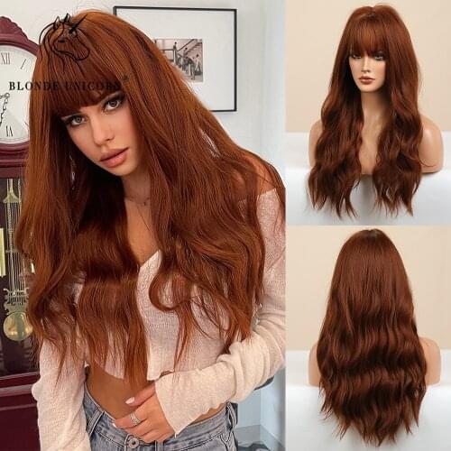 BLONDE UNICORN Long Wavy Synthetic Hair Wigs Ombre Red Brown with Bangs For Black White Women Heat Resistant Fiber Daily Wig