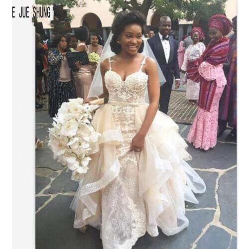E JUE SHUNG African Wedding Dresses Spaghetti Straps Lace Up Back Appliques Bridal Dresses With Detachable Train robe de mariee