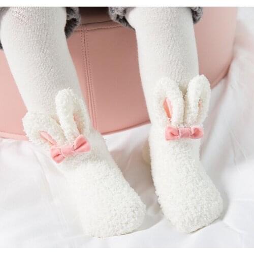 Coral Fleece Baby Girl Socks Cute Rabbit Children Socks with Bows Winter Anti-slip Infant Toddler Kids Indoor Floor Socks 1-3Y