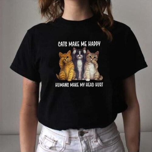 Summer Short Sleeve Tshirt Fashion Casual Tee Shirt Femme Creativity Cats Make Me Happy Print T Shirt Women Tops Camiseta Mujer