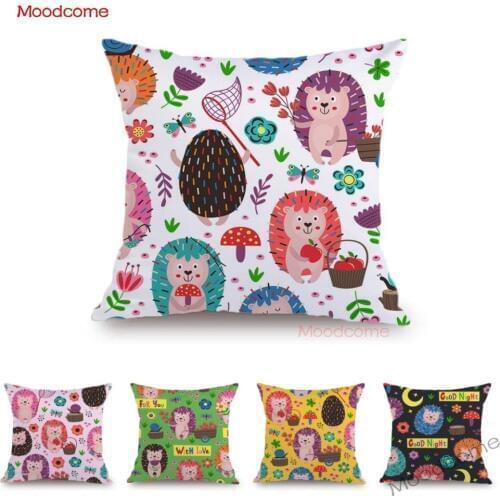 Cute Infant Cartoon Baby Nursery Art Animal Hedgehog Sofa Bed Throw Pillow Cover Soft Velvet Lovely Colorful Pink Cushion Cover