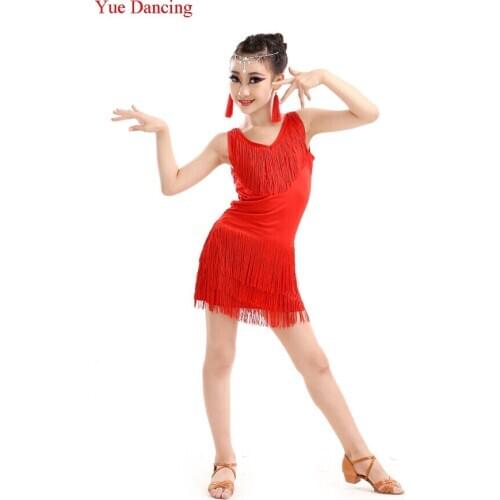 2016 New Girls Cheap Fringe Latin Dance Dresses Kids Discount One piece Stage Show Dancewear Salsa/Samba/Cha Cha/Tango Dancing