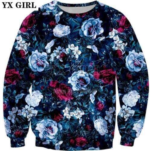 2018 New Fashion Mens Sweatshirt flowers Night Garden Blue Print 3D Hoodie Men Women Hipster Sweatshirt