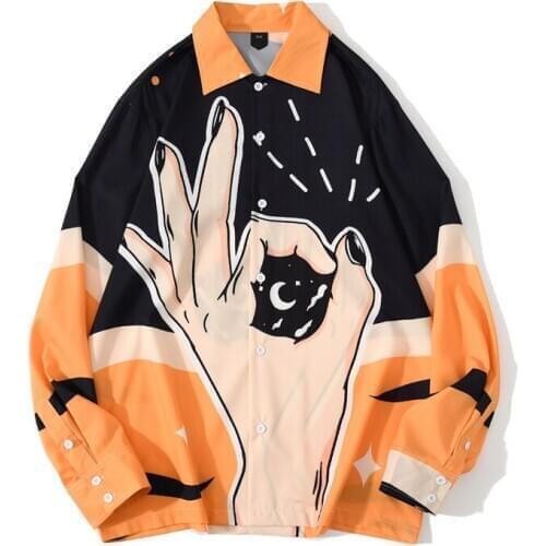2021 Spring New Men Korean Style Shirt Fashion Funny OK gesture Printed Turn-down Collared Long Sleeve Shirts Hawaiian Shirt