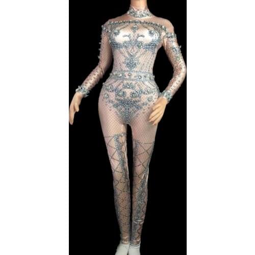 Sexy Nude Stretch Spandex Rhinestone Jumpsuits Women Long Sleeve Crystal Party Bodysuit Pole Dance Leotard Female Stage Clothes