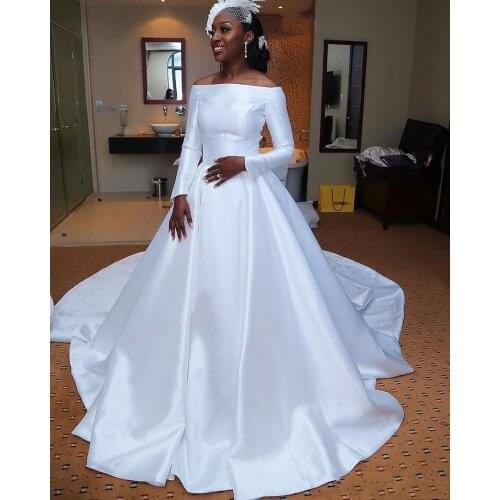 A Line African Wedding Dresses Off The Shoulder Satin Sweep Train Long Sleeve Elegant Bohemian Wedding Dress Custom Cheap Bridal