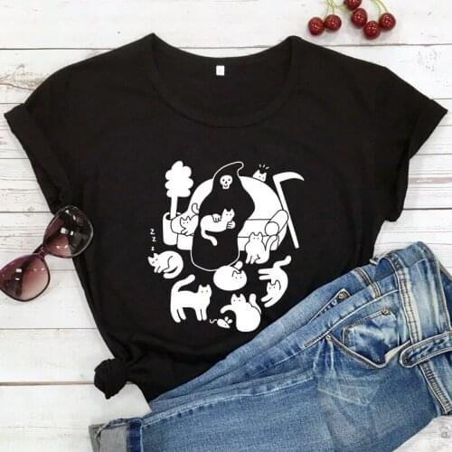 The Death with Cats Shirt Funny Halloween shirts Harajuku kawaii style tees Holiday Trendy casual aesthetic art tops