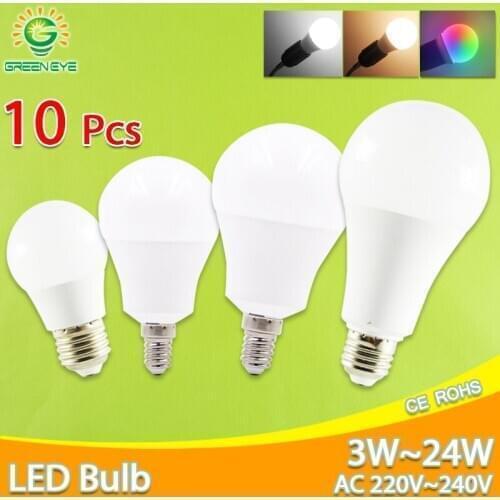 10pcs LED Bulb Dimmable Lamp E27 E14 Real Power 24W 20W 18W 15W 12W 9W 6W RGB led Bulb AC220V 240V Smart IC Lampada LED Bombilla